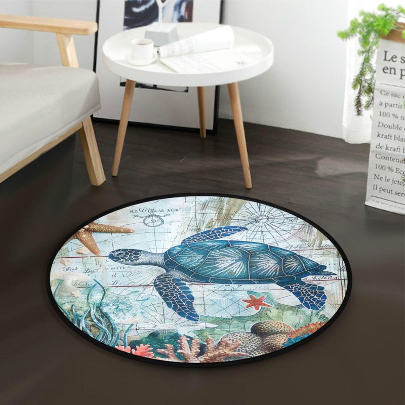 Vdsrup Sea Turtle Starfish Retro Map Round Area Rug Non Slip Round Rug Doormat Door Floor Mat Carpet for Living Room Bedroom Home Decor - Image 3